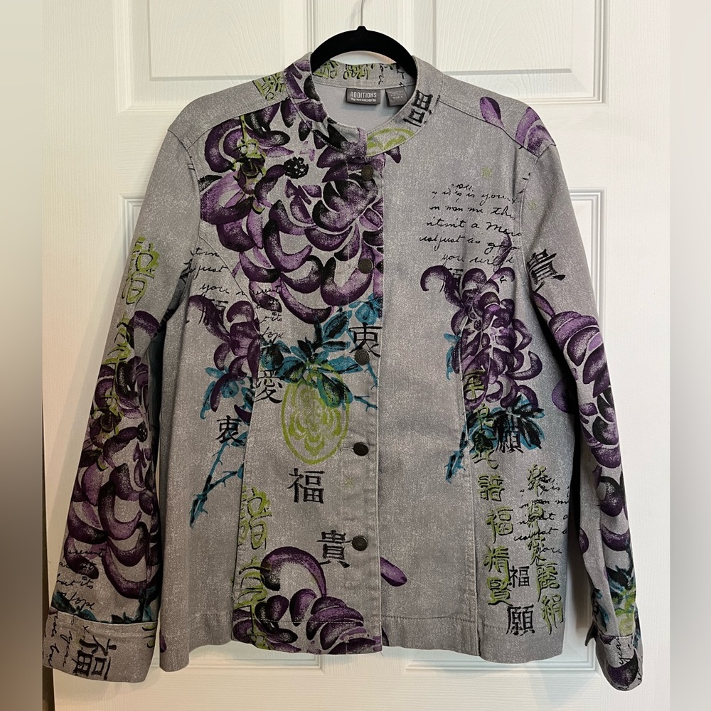 Chico’s Denim Jacket with Florals and Asian Characters, Nehru Collar, size 3